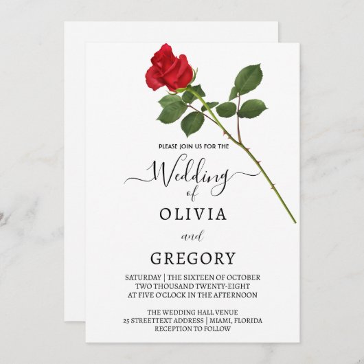 Elegant Red Rose wedding Invitation Kaart (Voorkant / Achterkant)