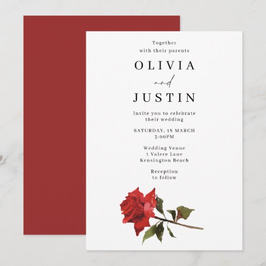 Elegant Red Rose Wedding Kaart (Voorkant / Achterkant)