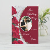 Elegant Red Rose Wedding Photo Invitting Kaart (Staand voorkant)