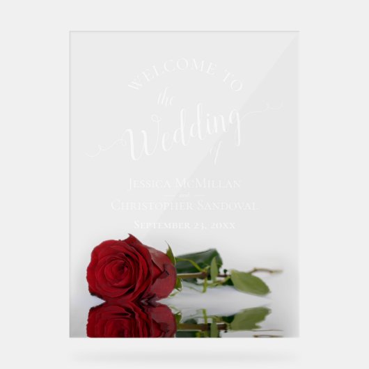 Elegant Red Rose White Text Wedding Welcome Acryl Bord (Voorkant)