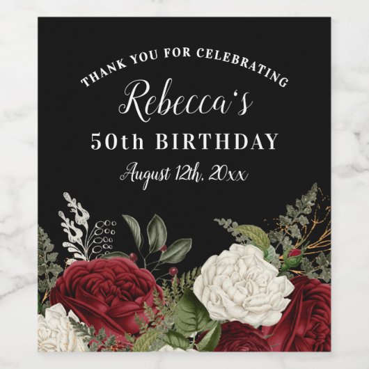 Elegant Red Roses 50th Birthday Hartelijk dank Wijn Etiket (Enkel label)