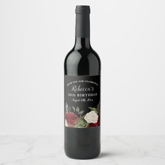 Elegant Red Roses 50th Birthday Hartelijk dank Wijn Etiket (Voorkant)