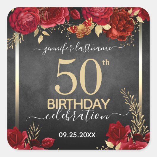 Elegant Red Roses 50th Birthday Vierkante Sticker (Voorkant)