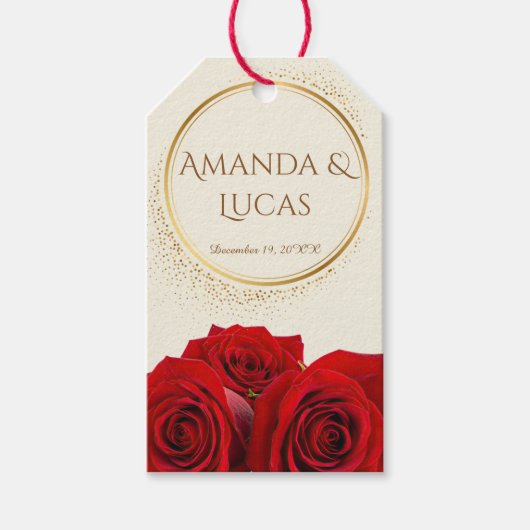 Elegant Red Roses and Gold Frame Cream Wedding Cadeaulabel (Voorkant)
