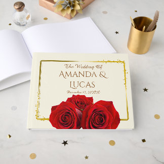 Elegant Red Roses and Gold Frame Cream Wedding Gastenboek
