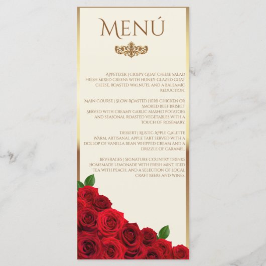 Elegant Red Roses and Gold Frame Cream Wedding Menu (Voorkant)