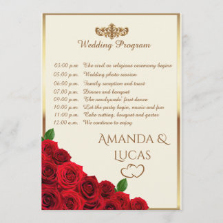 Elegant Red Roses and Gold Frame Cream Wedding Programmakaart