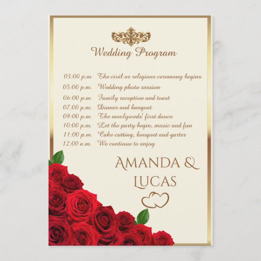 Elegant Red Roses and Gold Frame Cream Wedding Programmakaart (Voorkant)