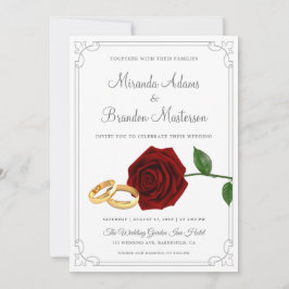 Elegant Red Roses and Rings Wedding Invitation Kaart