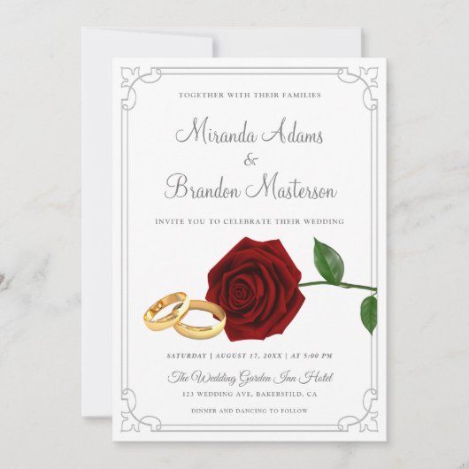 Elegant Red Roses and Rings Wedding Invitation Kaart (Voorkant)