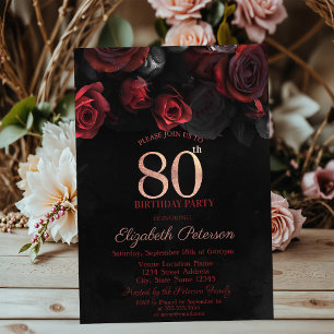 Elegant Red Roses Black 80th Birthday Kaart