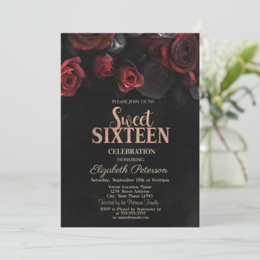 Elegant Red Roses Black Sweet 16 Kaart (Staand voorkant)