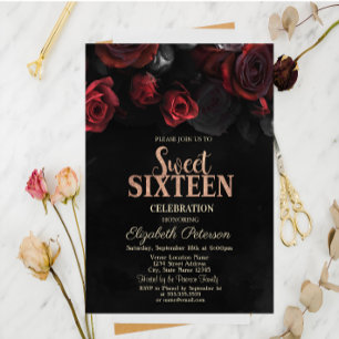 Elegant Red Roses Black Sweet 16 Kaart