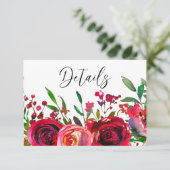 Elegant Red Roses Burgundy Wedding Details Informatiekaartje (Staand voorkant)