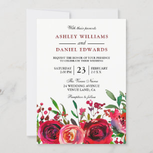 Elegant Red Roses Burgundy Wedding Invitation Kaart