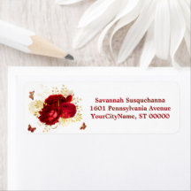 Elegant Red Roses Butterfly Gold Address