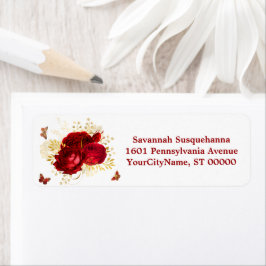 Elegant Red Roses Butterfly Gold Address Etiket