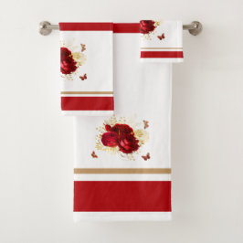 Elegant Red Roses Butterfly Gold Bad Handdoek
