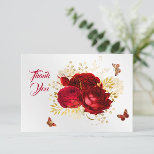 Elegant Red Roses Butterfly Gold Bedankkaart (Staand voorkant)