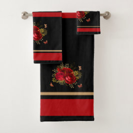 Elegant Red Roses Butterfly Gold Black Bad Handdoek