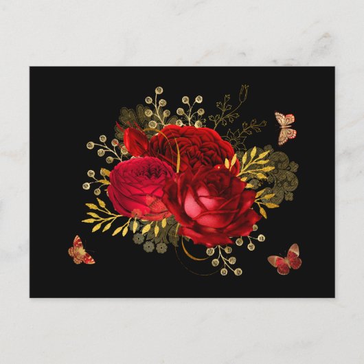Elegant Red Roses Butterfly Gold Briefkaart (Voorkant)