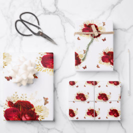 Elegant Red Roses Butterfly Gold Inpakpapier Vel