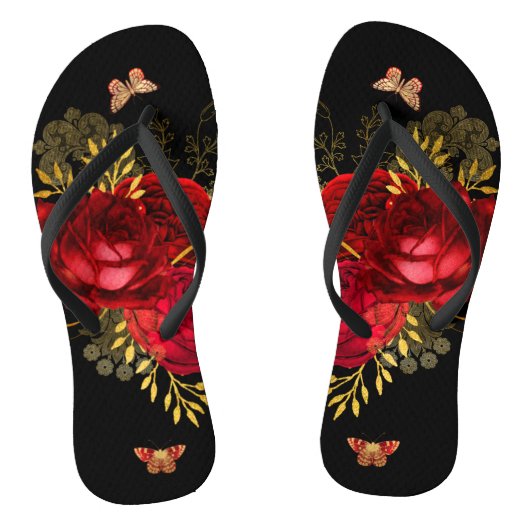Elegant Red Roses Butterfly Gold Teenslippers (Voetbed)