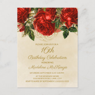 Elegant Red Roses Champagne 16th Birthday Invitati Briefkaart