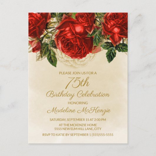 Elegant  Red Roses Champagne 75th Birthday Briefkaart (Voorkant)