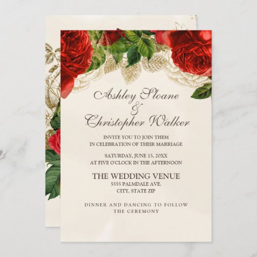 Elegant Red Roses Champagne Wedding Invitation Kaart (Voorkant / Achterkant)