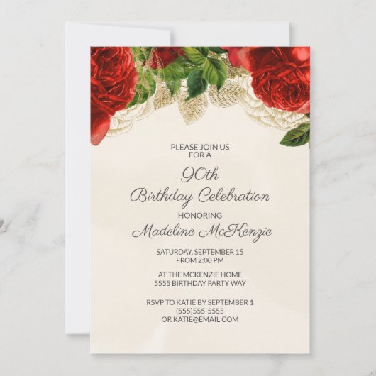 Elegant Red Roses Cream 90th Birthday Invitation Kaart (Voorkant)