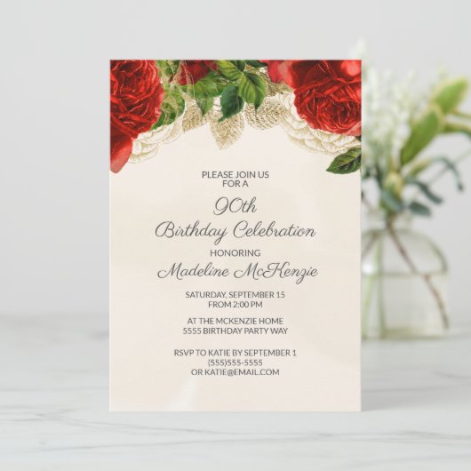 Elegant Red Roses Cream 90th Birthday Invitation Kaart (Staand voorkant)