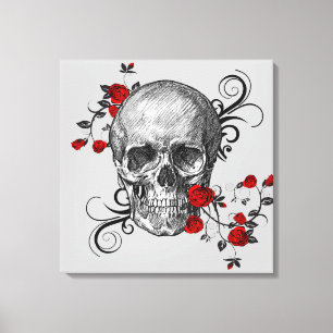 Elegant Red Roses en Black Skull Canvas Afdruk