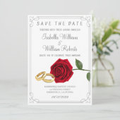 Elegant Red Roses en Rings Wedding Save The Date (Staand voorkant)