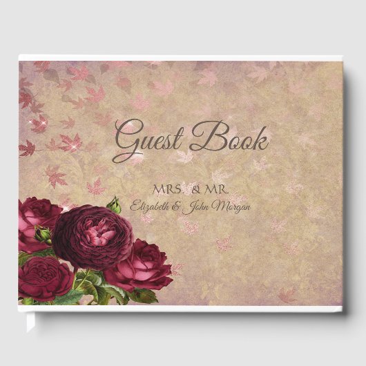 Elegant Red Roses Falling Leaves Wedding Gastenboek (Voorkant)