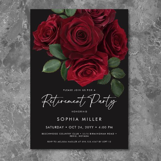 Elegant Red Roses Floral Retirement Party Kaart