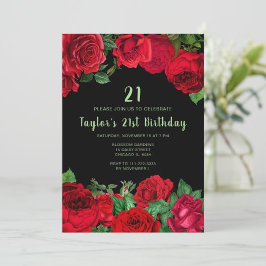 Elegant Red Roses Flowers Birthday Party Kaart (Staand voorkant)