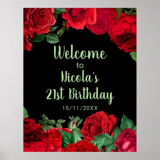 Elegant Red Roses Flowers Birthday Party Poster (Voorkant)