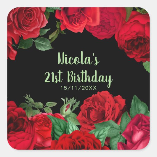 Elegant Red Roses Flowers Birthday Party Vierkante Sticker (Voorkant)
