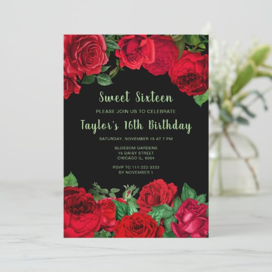 Elegant Red Roses Flowers Sweet Sixteen Kaart (Staand voorkant)
