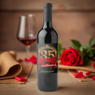 Elegant Red Roses Gold 35e bruiloft Jubileum Wijn Etiket