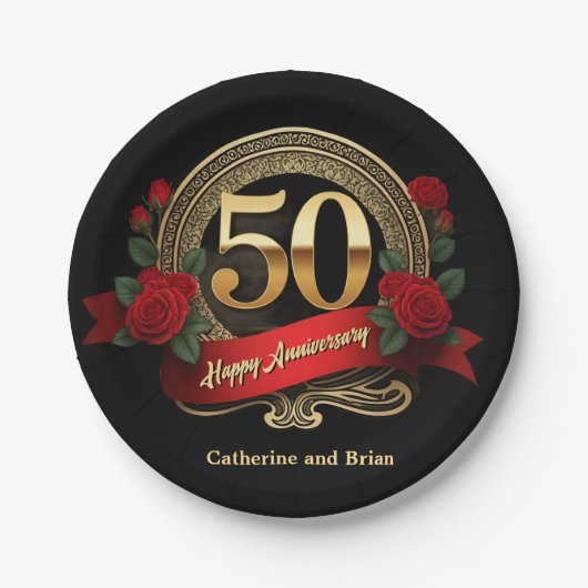 Elegant Red Roses & Gold 50ste bruiloft Jubileum Papieren Bordje (Voorkant)