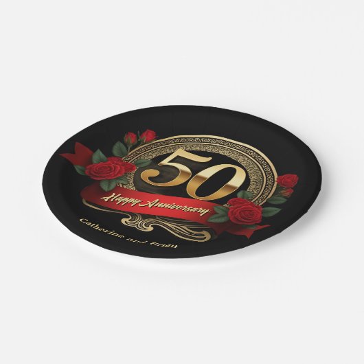 Elegant Red Roses & Gold 50ste bruiloft Jubileum Papieren Bordje (Gekanteld)