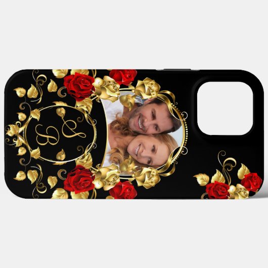 Elegant Red Roses Gold Black Photo Monogram Case-Mate iPhone Case (Achterkant (horizontaal))