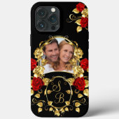 Elegant Red Roses Gold Black Photo Monogram Case-Mate iPhone Case (Achterkant)