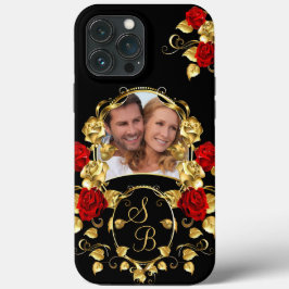 Elegant Red Roses Gold Black Photo Monogram Case-Mate iPhone Case