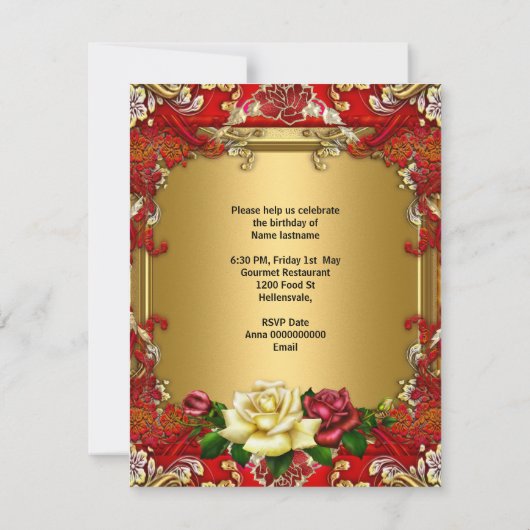 Elegant Red Roses Gold Cream Floral Birthday Kaart (Achterkant)