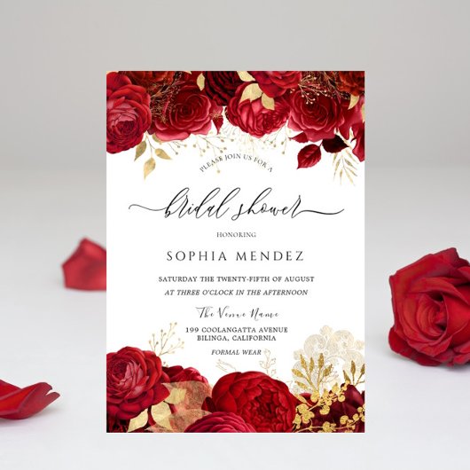 Elegant Red Roses Gold leaf Vrijgezellenfeest Kaart