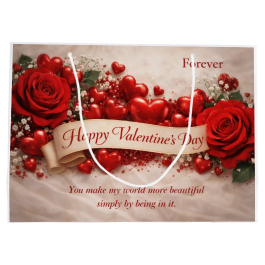 Elegant Red Roses & Hearts Valentine’s Day Groot Cadeauzakje (Achterkant)