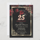 Elegant Red Roses Lijst Zwart 25e Verjaardag Kaart (Voorkant)
